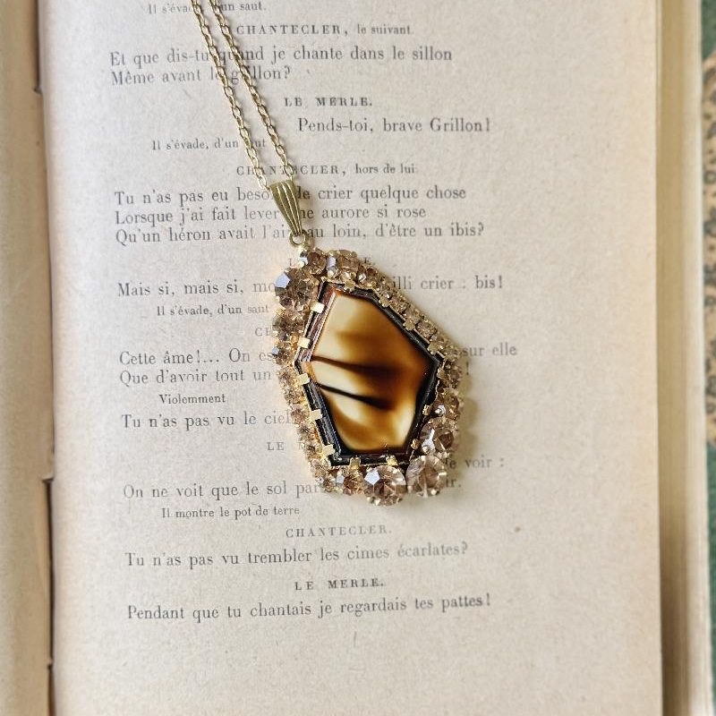 Vintage C.a. 1970s Tiger Eye Glass Asymmetrical Rhinestone Pendant Necklace from Europe (NZ045)