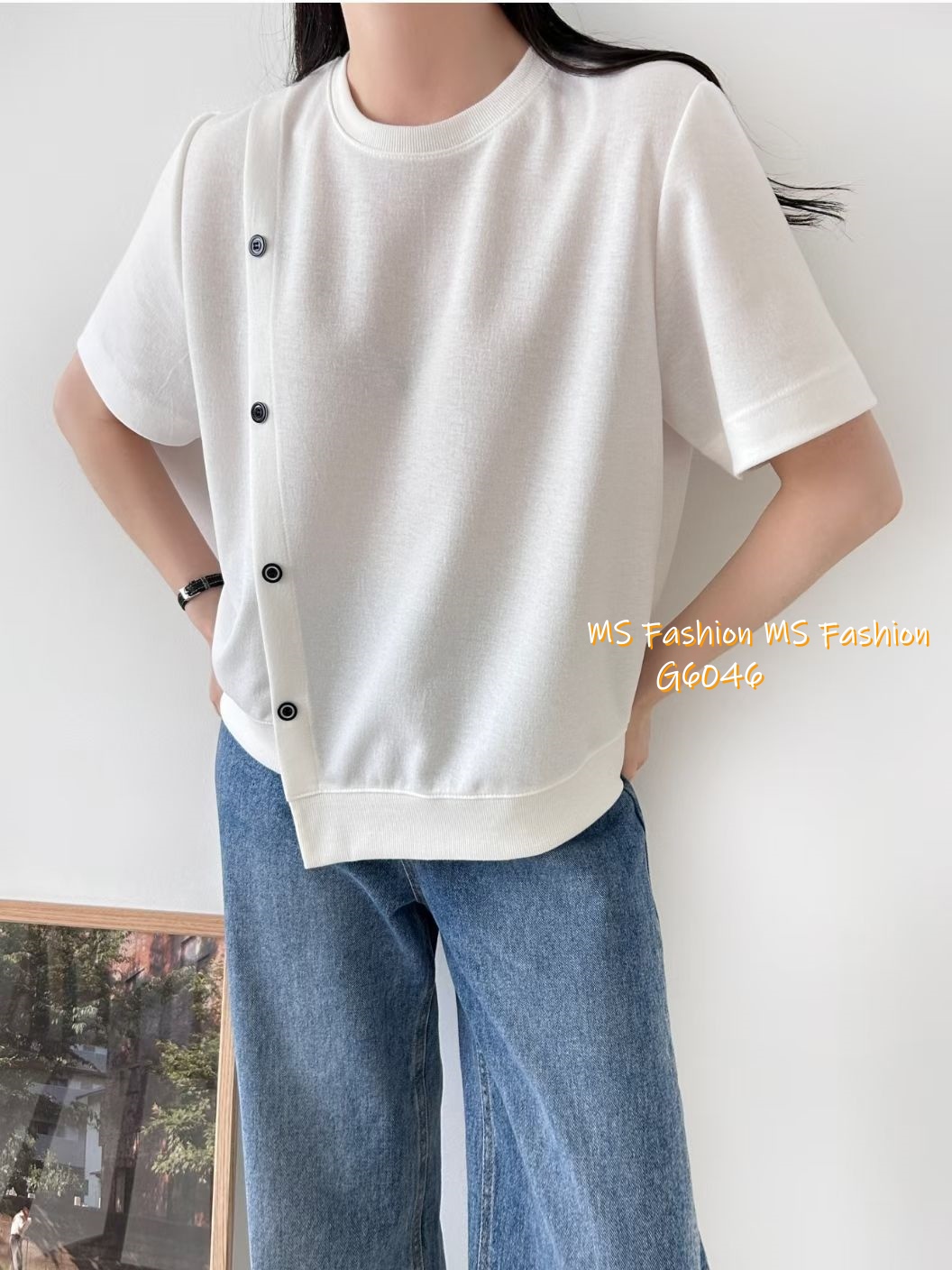 G6046 韓國🇰🇷不規則衫腳斜鈕top