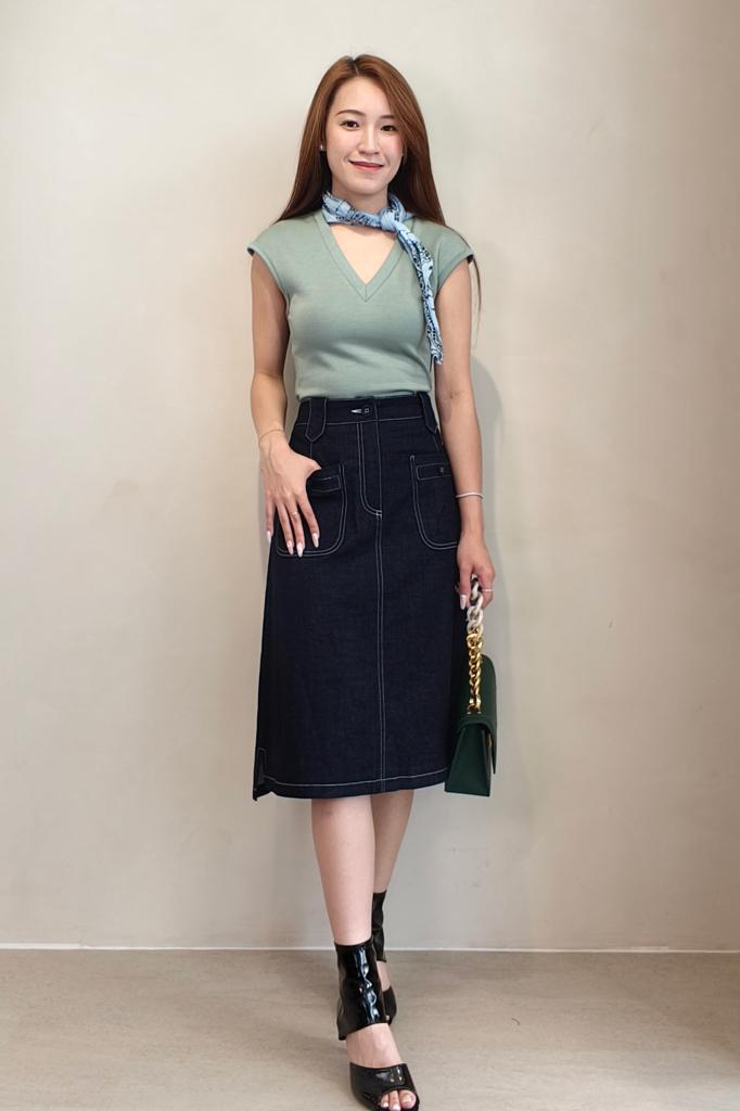 2209 Contrast Stitch Utility Denim Midi Skirt