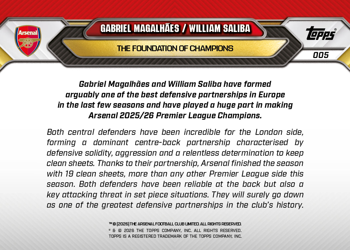 Gabriel Magalhães / William Saliba - 2025/26 Arsenal FC Topps NOW #5 冠軍防線卡｜PR 5,615
