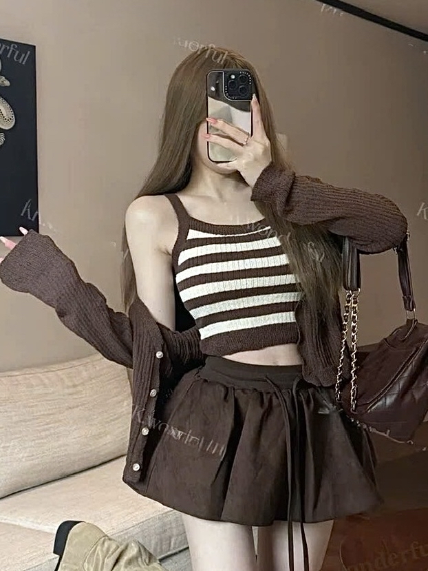 條紋針織短版開襟衫两件套（不包含半身裙）