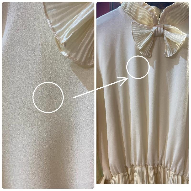 C.a. 1980s Lilli Ann Ivory Beige Accordion Bishop Sleeves Day Dress with Bow(MU108-26)
