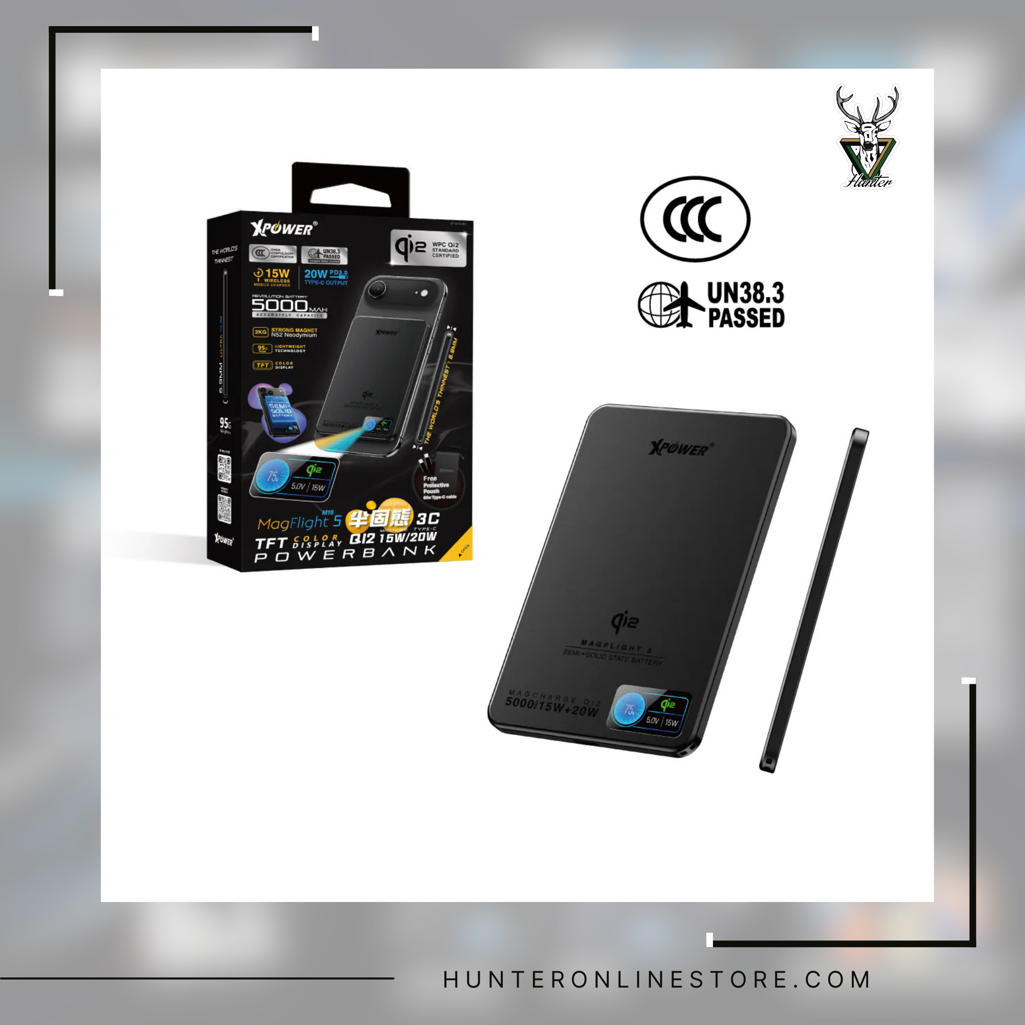 XPower MagFlight5 M16 鋁合金半固態TFT彩屏顯示 QI2 15W/20W 5000mAh 磁吸行動電源 Power bank - Black 黑色 (M16-BK) | Blue 藍色(M16-BL)