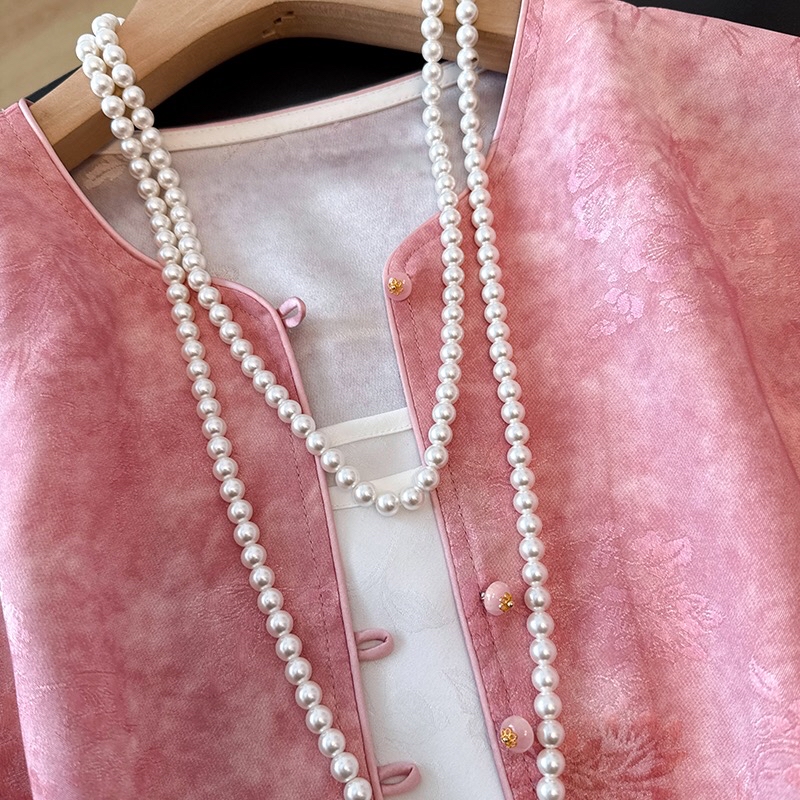 B265(0190外套) 新中式薄款古典碎花提花粉外套上衣 