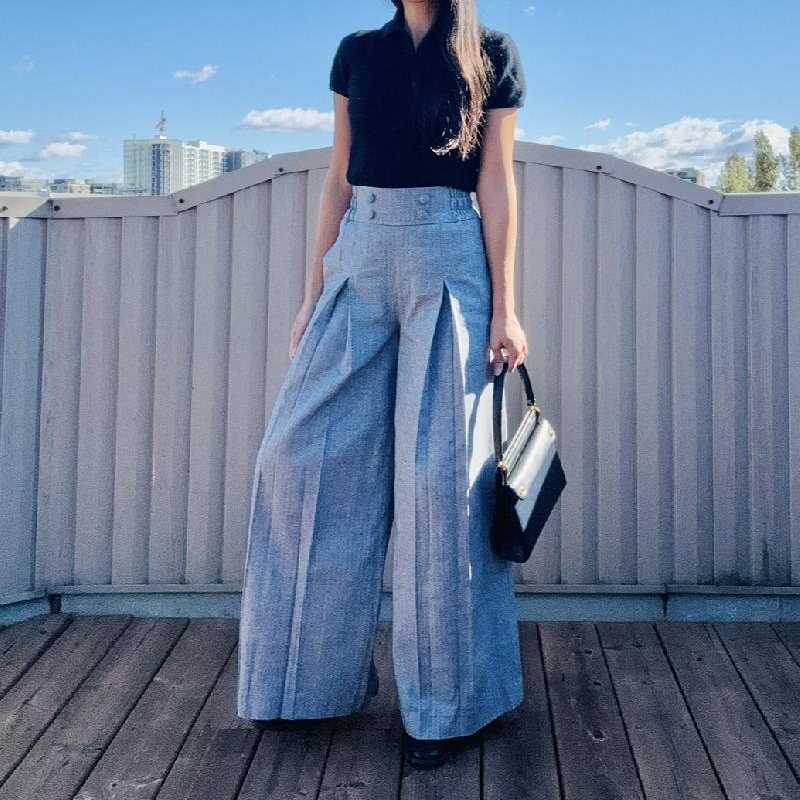 (Custom-Made) Marlene Pants - Chevrons Wide-Legged &High-waisted Pants with Pleat - Available in Different Colours (FM221)