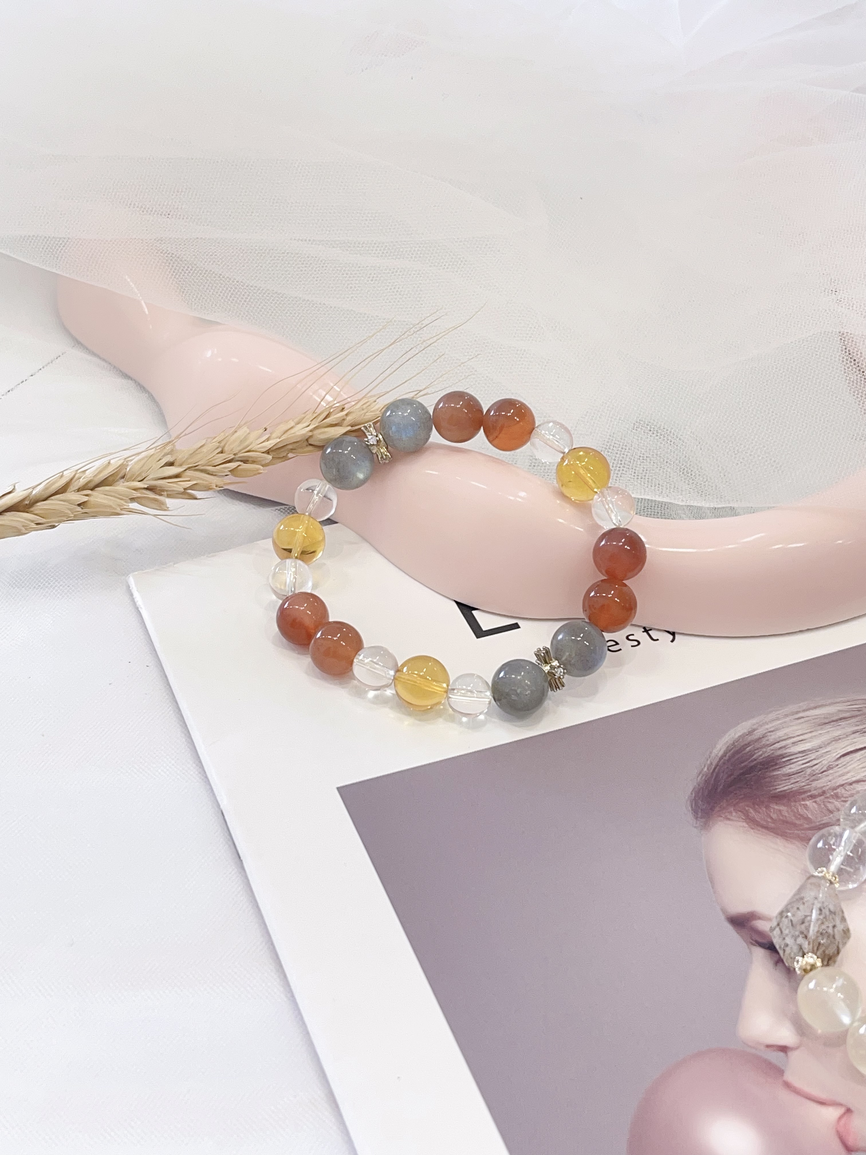 🌙 彩光守护 · 月光石 × 红玛瑙 × 白水晶 × 黄水晶手串  Moonstone & Carnelian & Clear Quartz & Citrine Bracelet