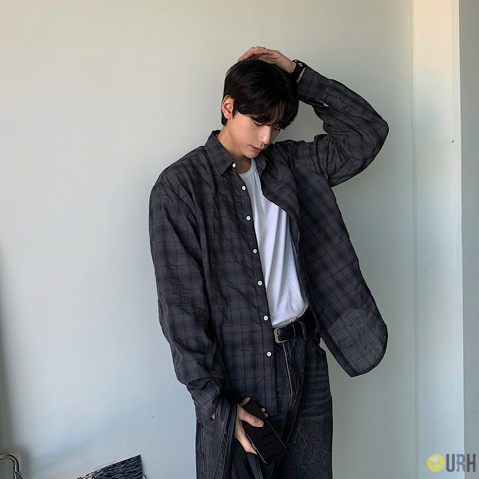 【100%保證韓國直送】韓系質感 細格紋自然皺褶棉質長袖恤衫 👕 [6 color] RF118055