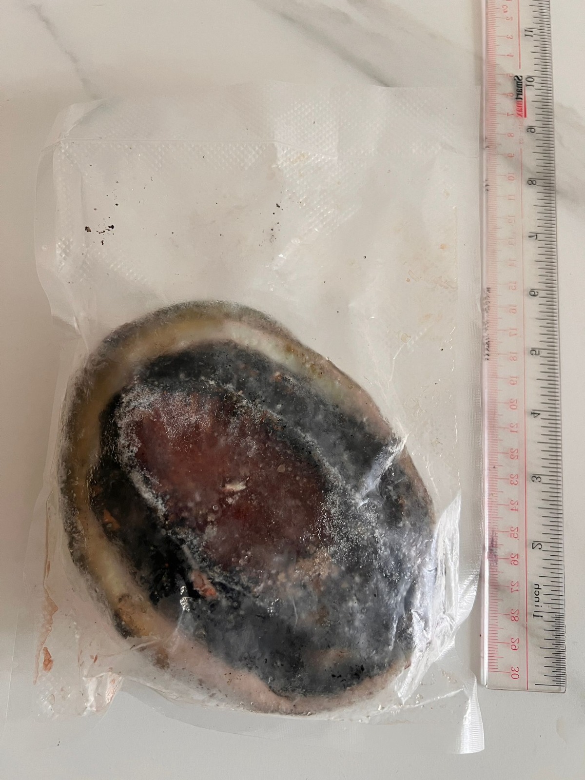 真空包裝冷凍肉片，附帶尺寸參考