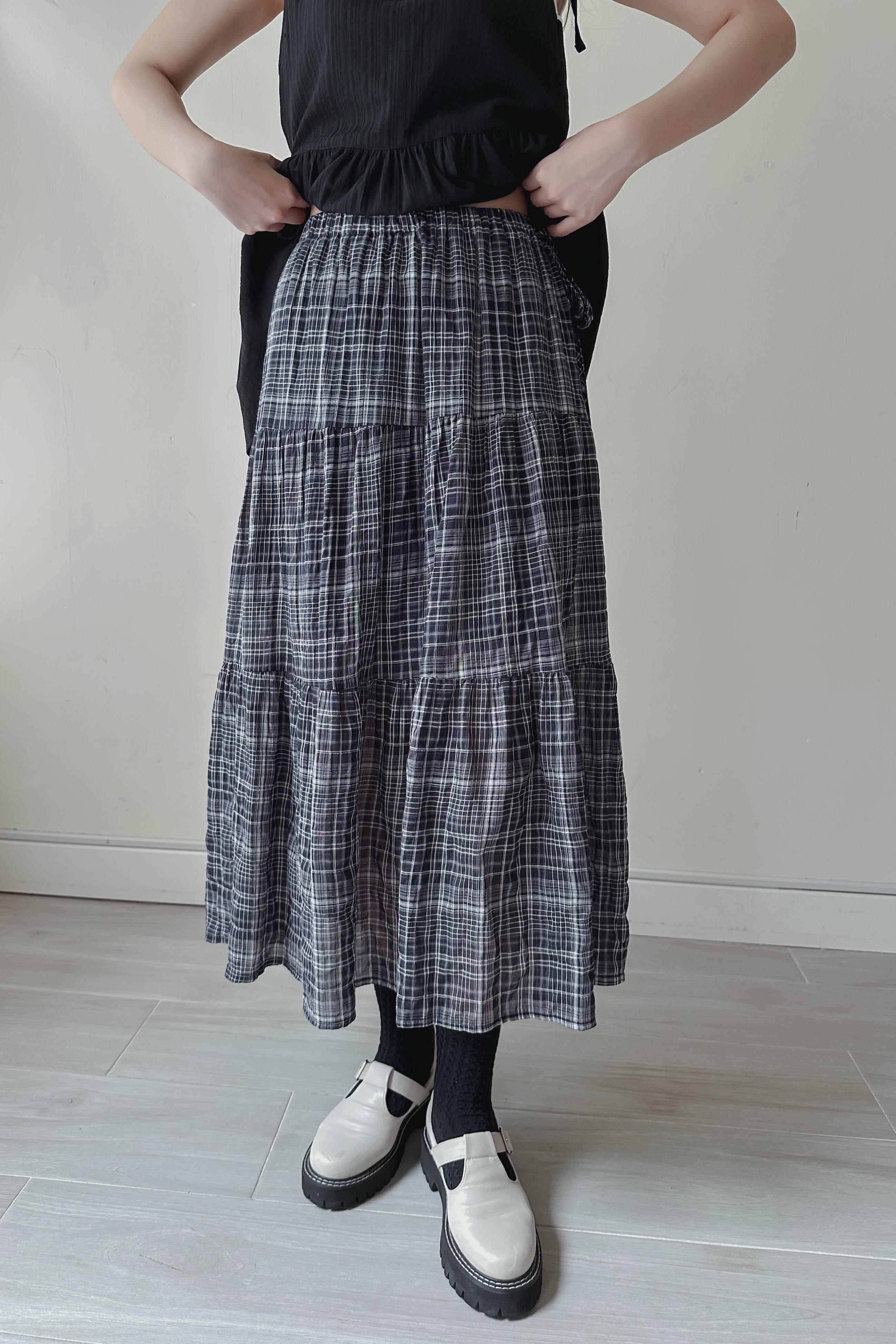 格紋細褶側綁蛋糕裙 (兩色入)