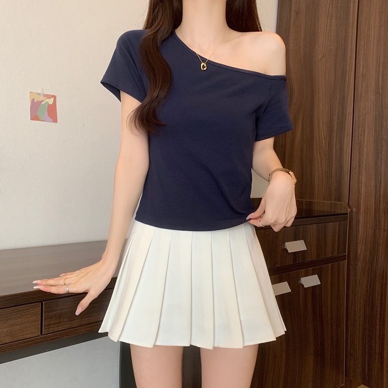 B199(16110) 韩系爆款纯色斜领显瘦百搭3色上衣 