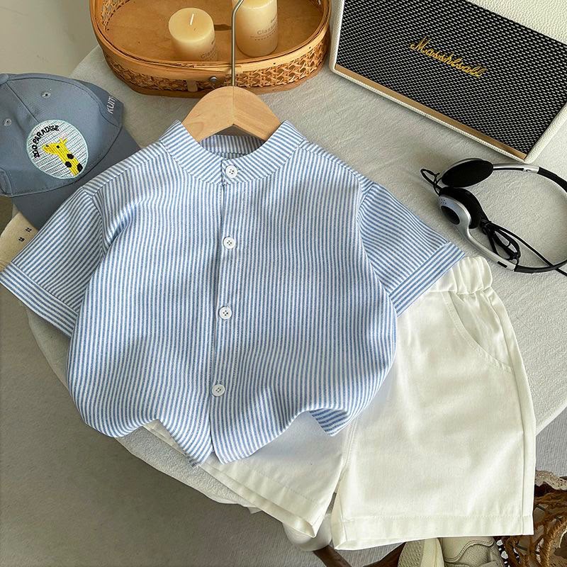 791405 | Toddler Boys' Blue Striped Short Sleeve Shirt and White Shorts Set