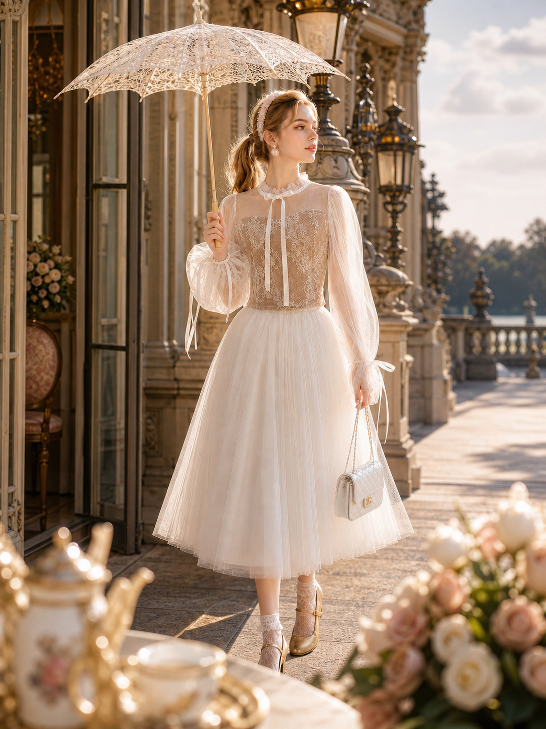 維多利亞蕾絲輕紗公主泡泡袖禮服 Victorian Ethereal Lace Princess Gown