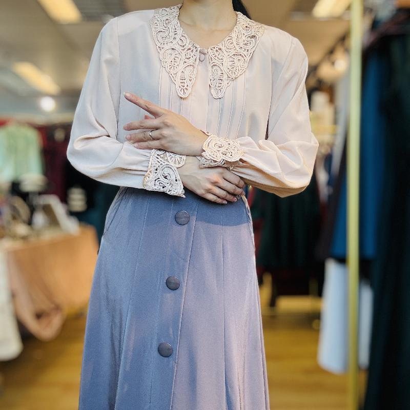 Vintage Japanese Pale Pink Soutache Collar and Cuff Accent Blouse Shirt (PP001-7)