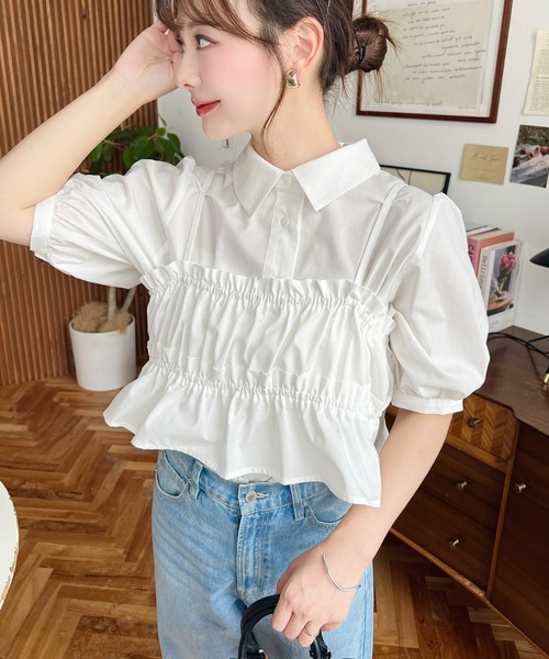 荷葉邊抹胸短袖襯衫上衣【JT036】