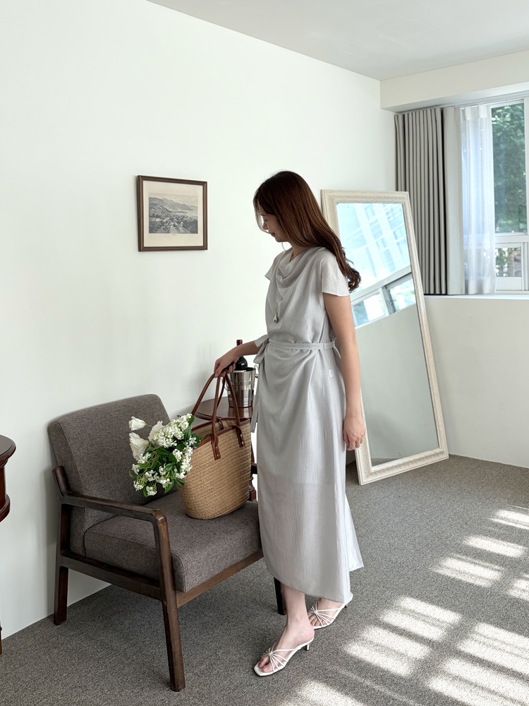 Draped Neck Dress with Inner Slip (Misty Blue)