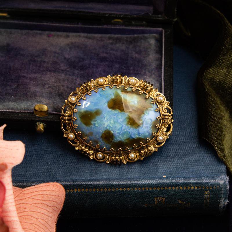 1960s-1970s Czechoslovakian Molted Pattern Art Glass Brooch with Elaborate Frame(AY033)
