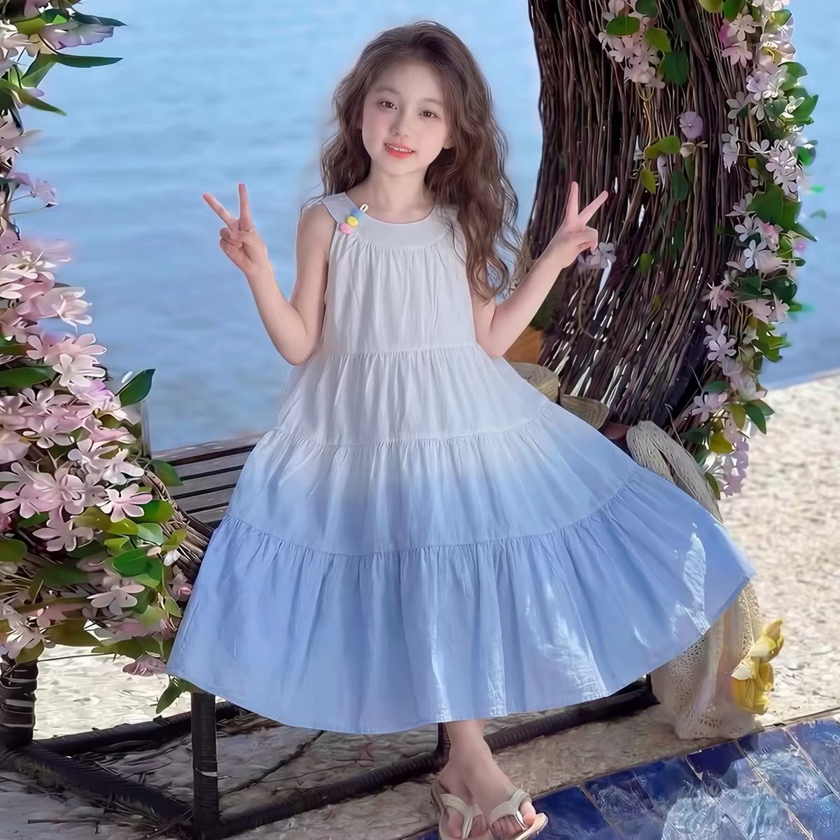 661469B | Girls' Ombre Tiered Sleeveless Dress - White & Blue Gradient Summer Outfit
