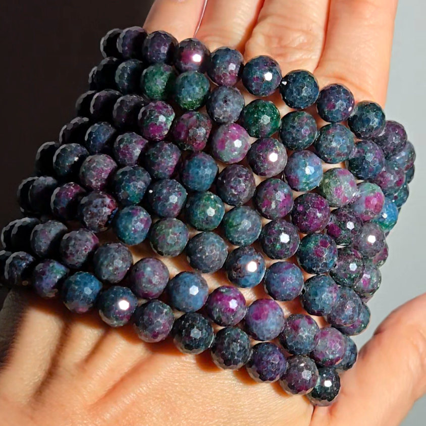 Ruby in kyanite faceted bead bracelets with UV, larger beads - RBY138