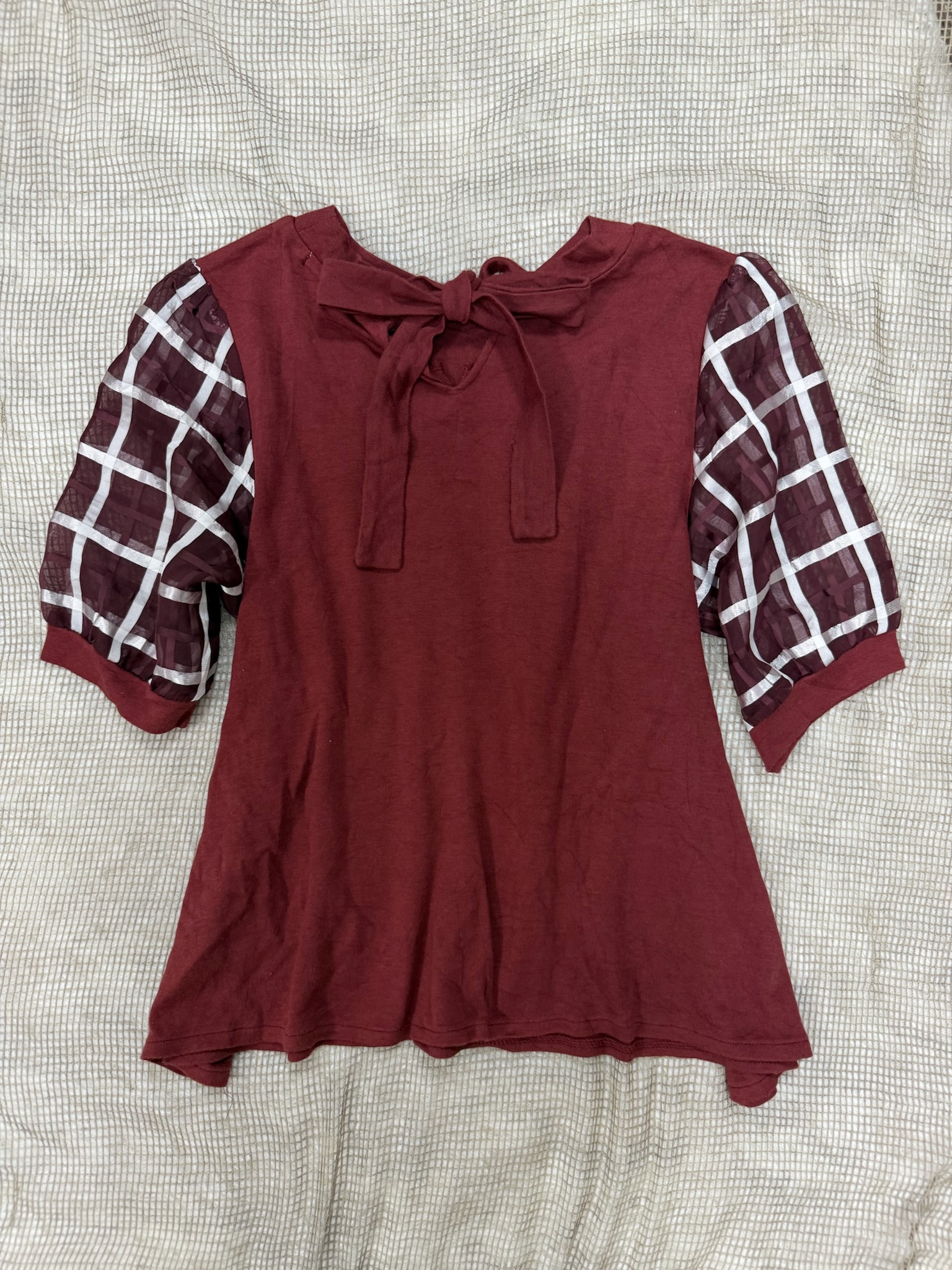 Axes Femme Lattice Mesh Sleeve Top in Wine Red