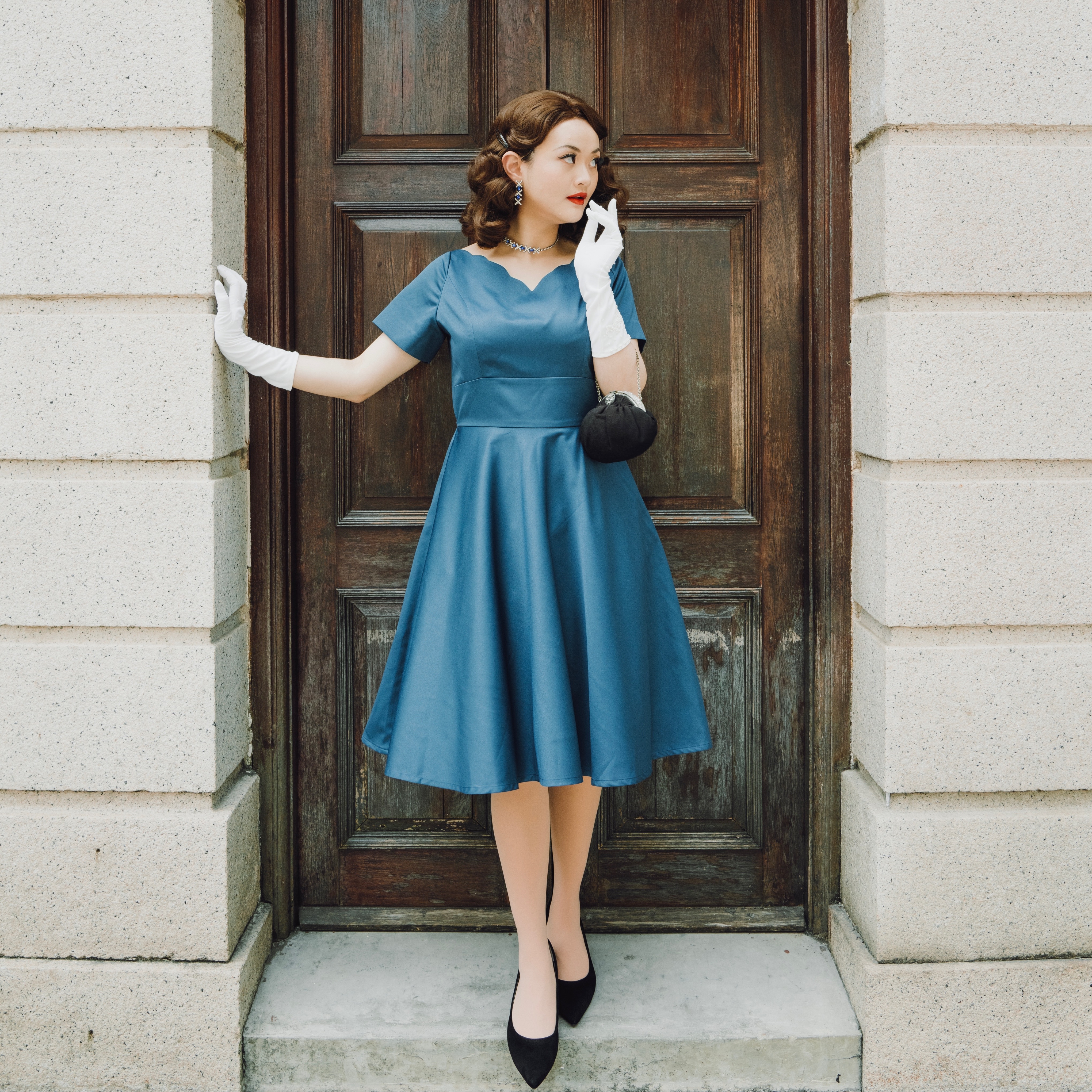 (Ready/Custom-Made) Heirloom Series Scallop Edge Swing Cocktail Dress - Peacock Blue (FM170)