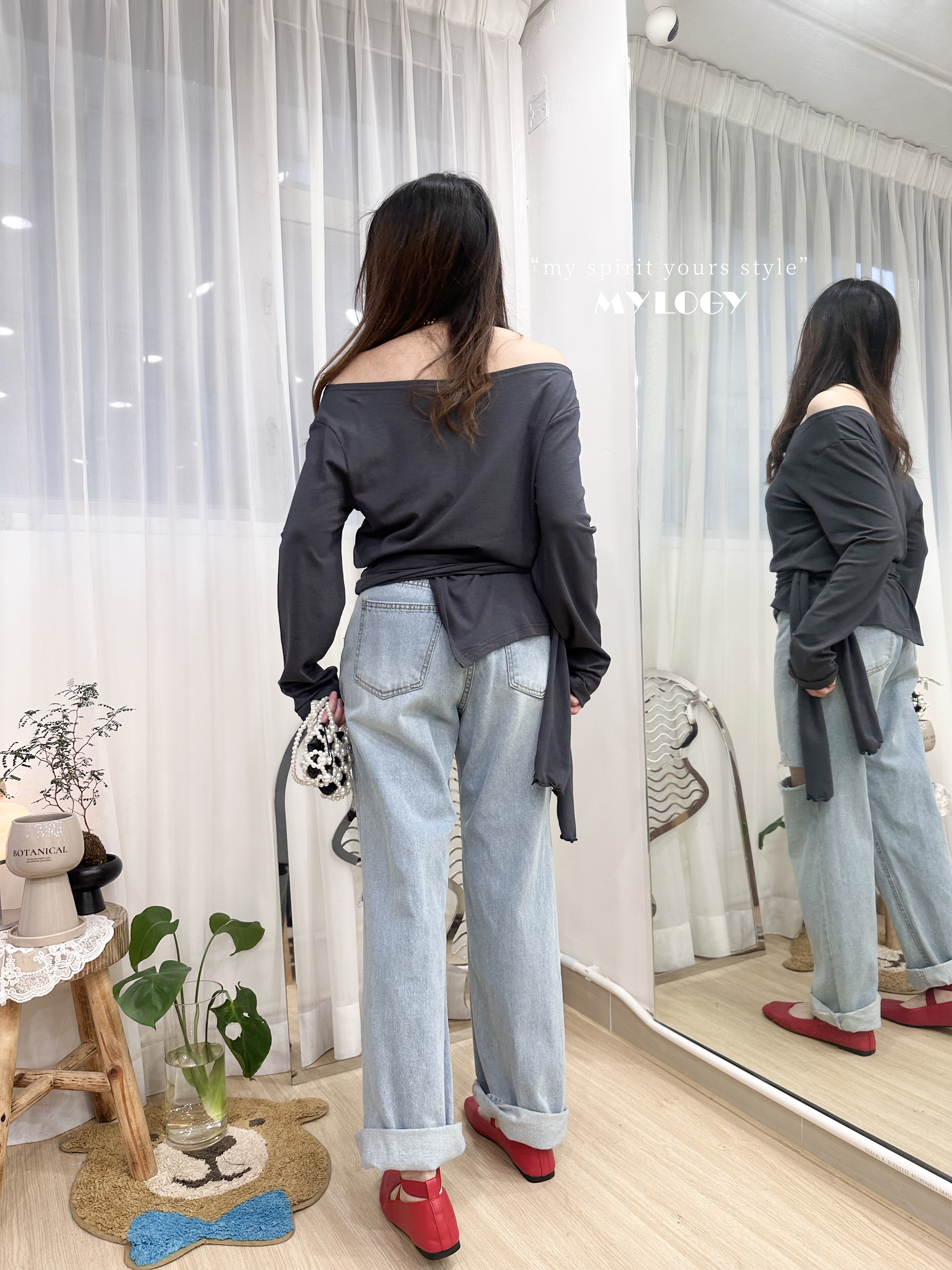 韓系 L/S Off Shoulder 排扣不規則下擺 TEE JD0008 - 深藍 Navy