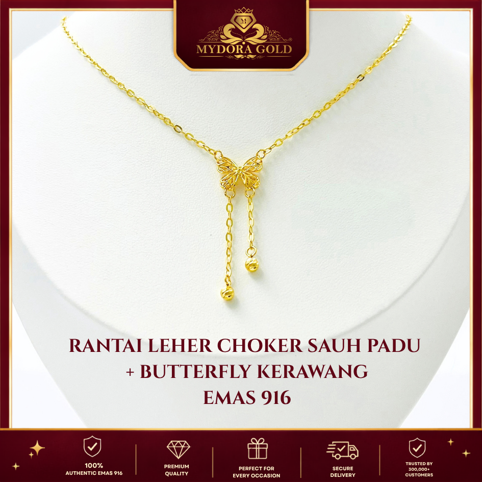 MYDORA Rantai Leher Choker Sauh Padu + Butterfly Kerawang l EMAS 916/22K