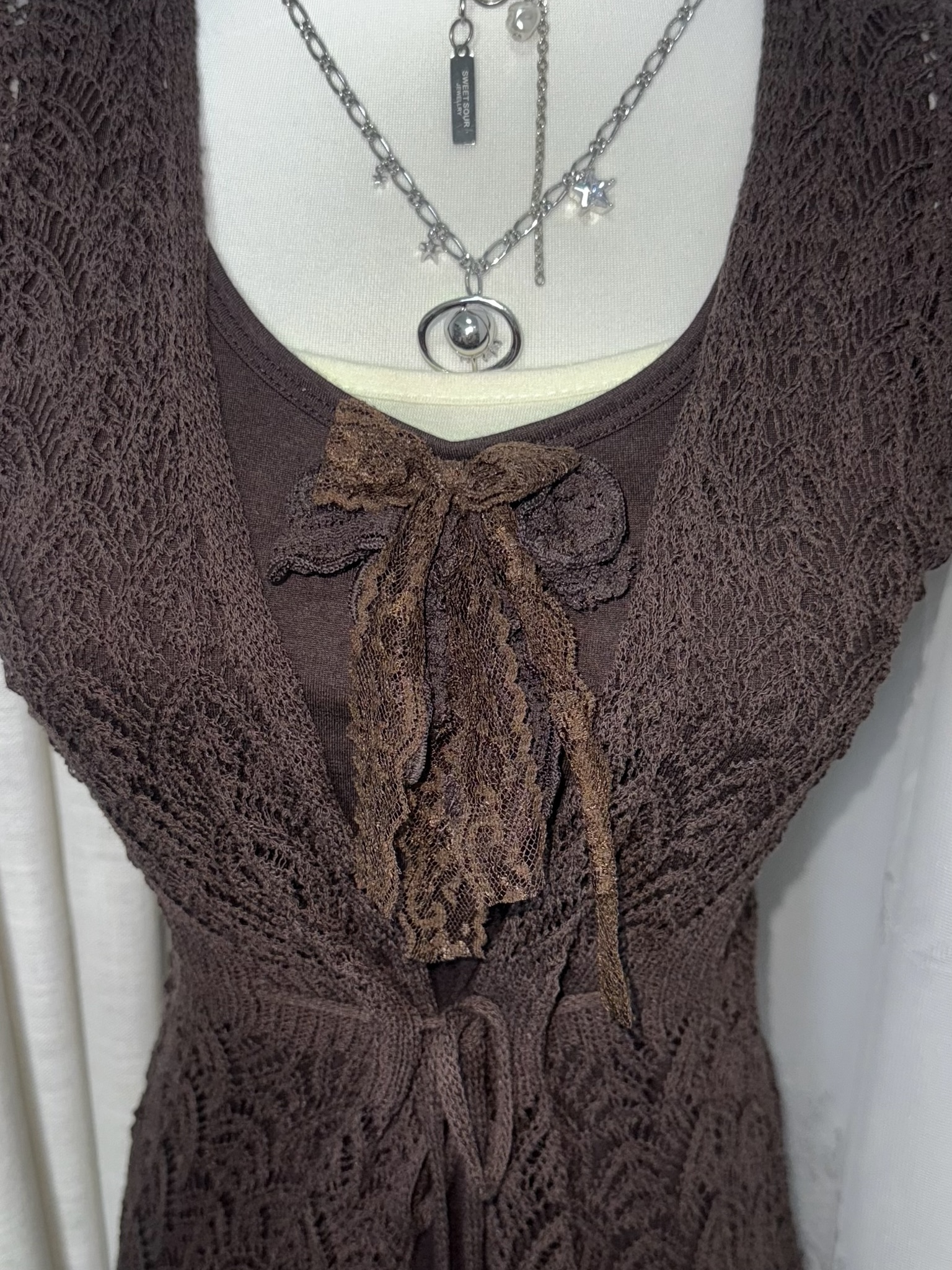 Mori Grunge Layered Crochet Cardigan & Chiffon Dress Set