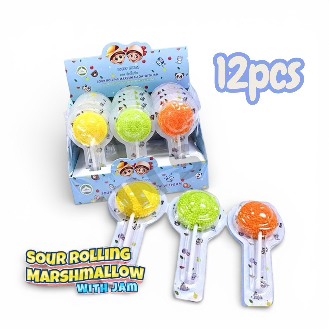 12pcs Lucky Twins Sour Rolling Marshmallow with jam lollipop (HALAL)