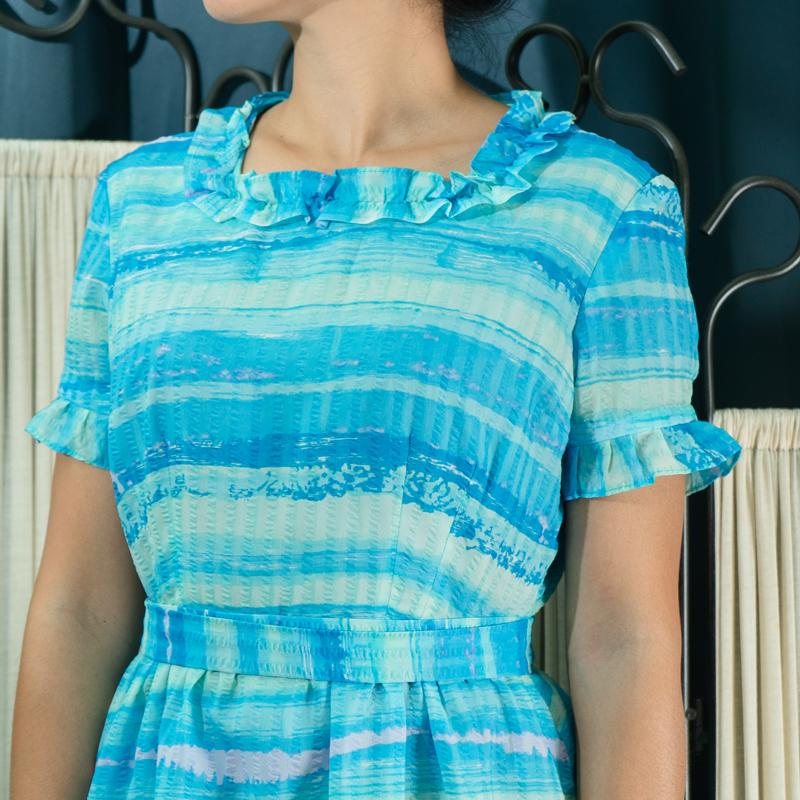 Vintage Japanese C.a. 1970s Ocean Pattern Ruffle Edge Summer Dress(MT1840-46)
