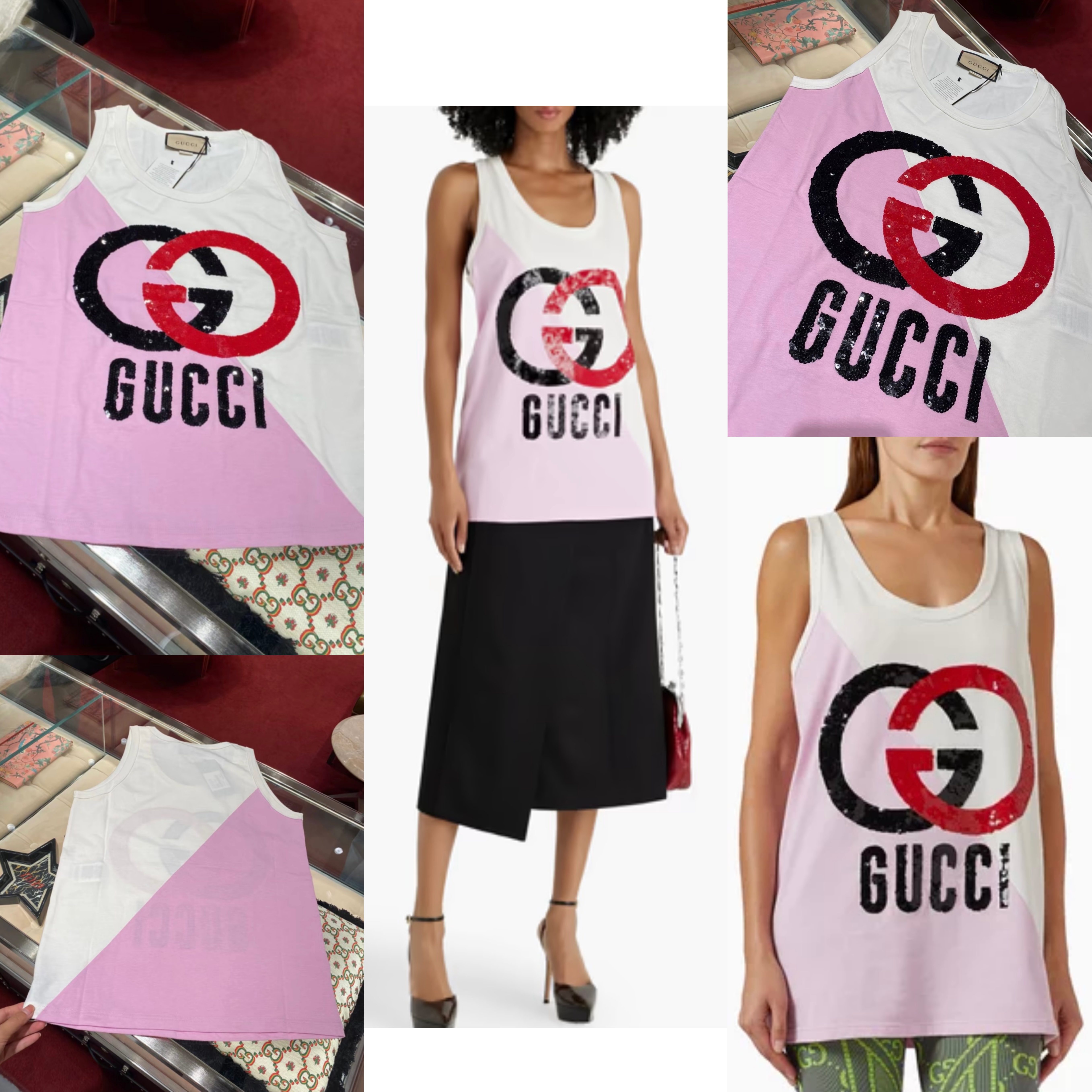 Gucci閃片字母GG logo拼色背心