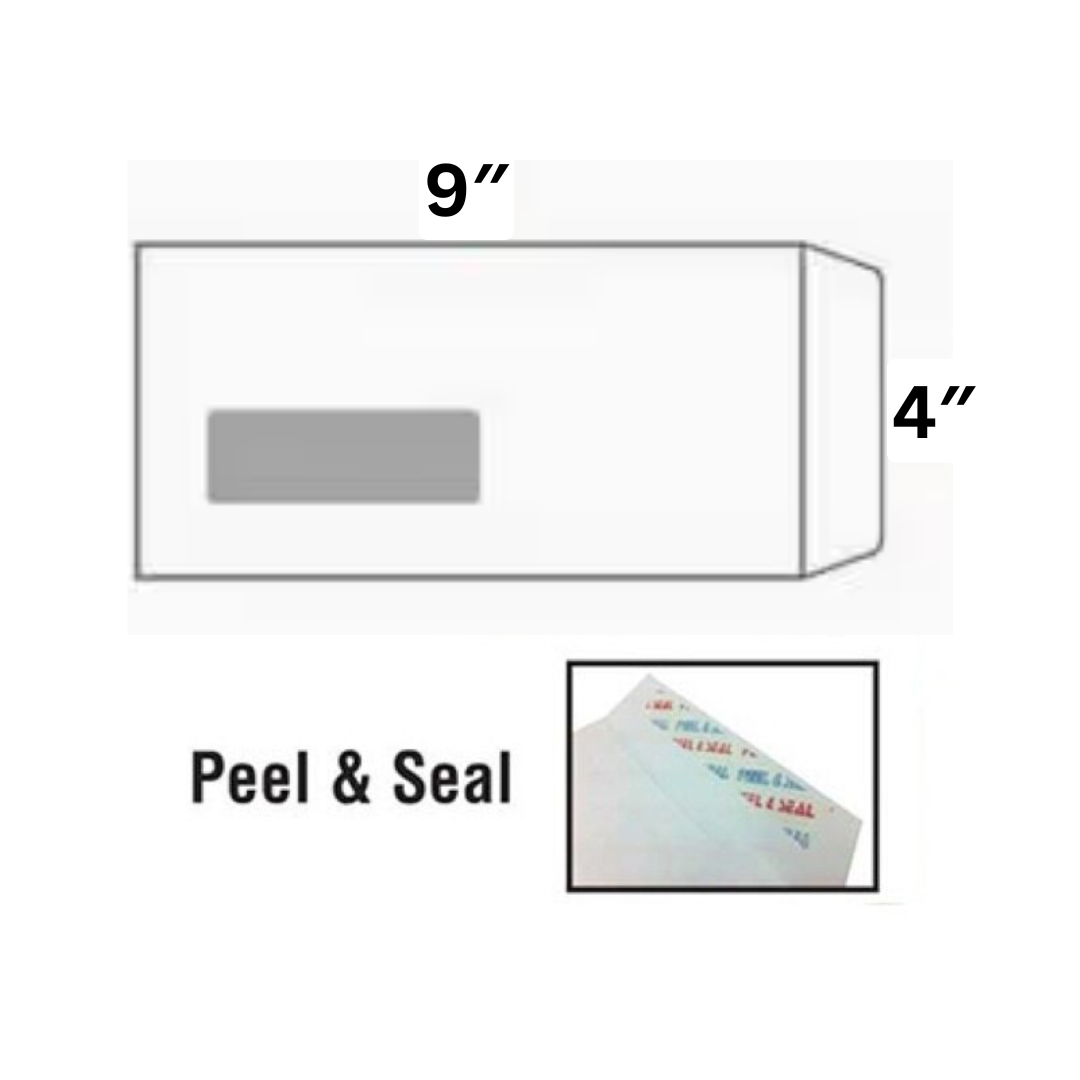 White Envelope 4″ × 9″ (102 × 229mm) w. Window PEEL & SEAL - Box of 500 Pcs