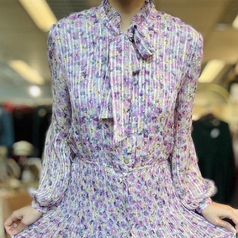 Vintage Purple Floral Pattern Tie Collar Pleated Chiffon Day Dress (MT2260-10)