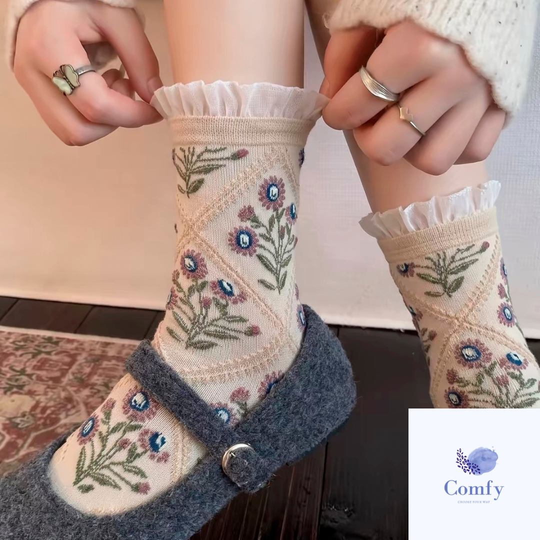 Comfy 小碎花喱士中筒襪