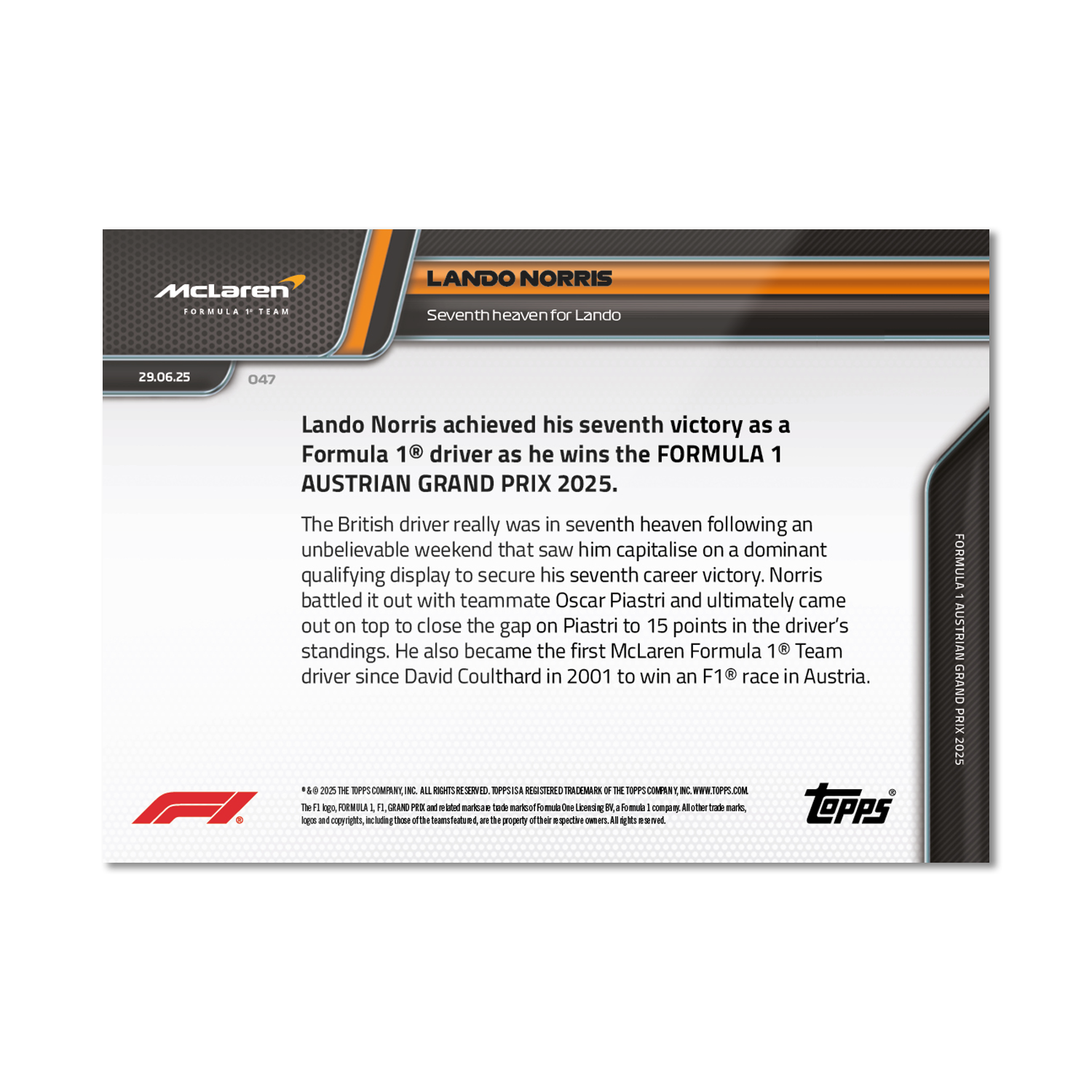 Lando Norris - 2025 F1 Topps NOW® #47 Austrian GP 贏車卡｜PR 2,228