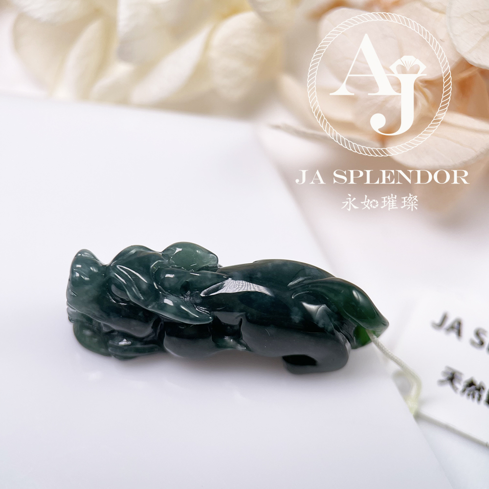 JN-2928 天然翡翠A玉藍水貔貅拼墨翠鑽石切割面圓珠手串| JA Splendor 