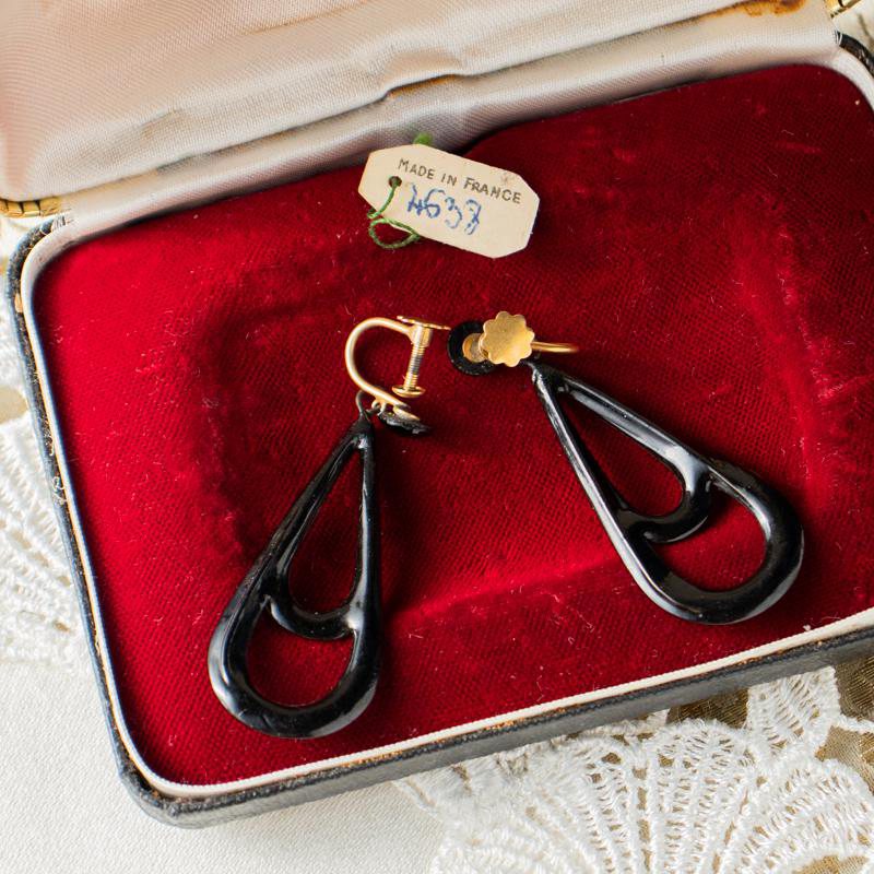 c.a. 1940s French Handmade Jet Glass Screwback Earrings New Old Stock (CF021)
