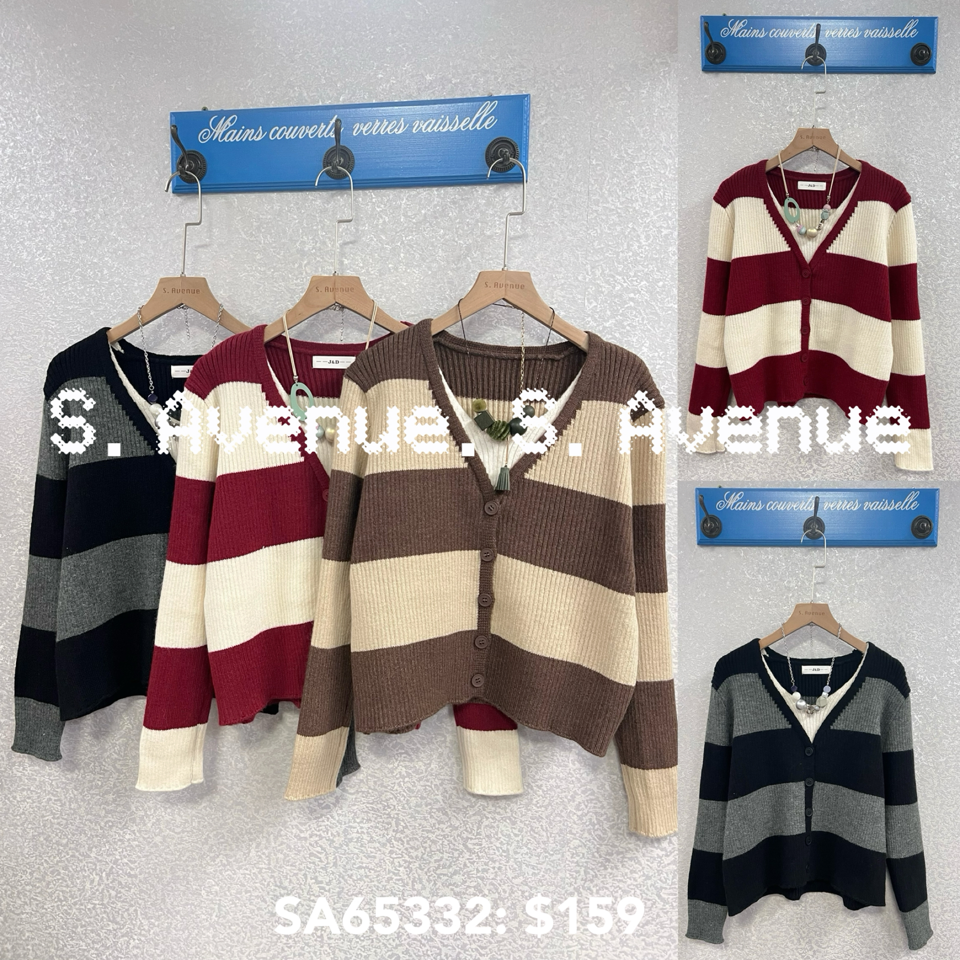 SA65332: 長袖V領有鈕假兩件間條top