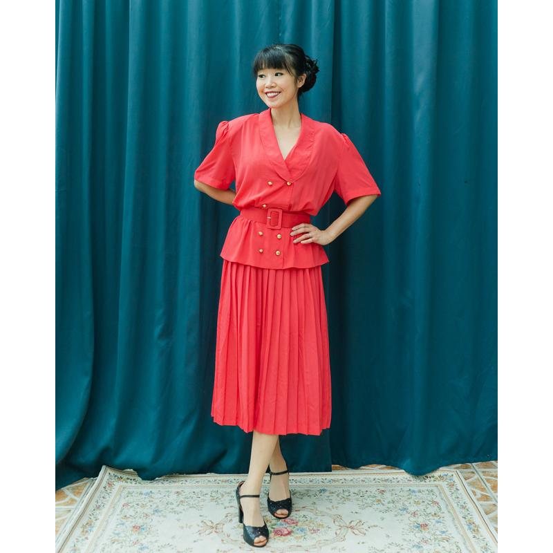 Vintage C.a. 1980s Hana Sung Made in Korea Faux Twin Set Dress with Original belt - US size 14 (MU104-28)