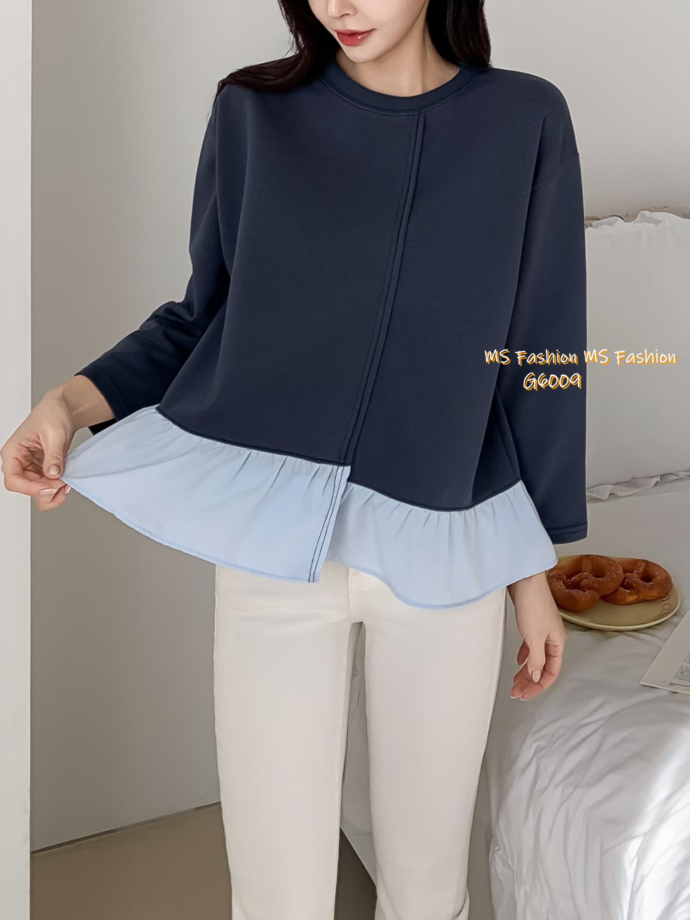 G6009 韓國🇰🇷拼色ruffle衫腳top