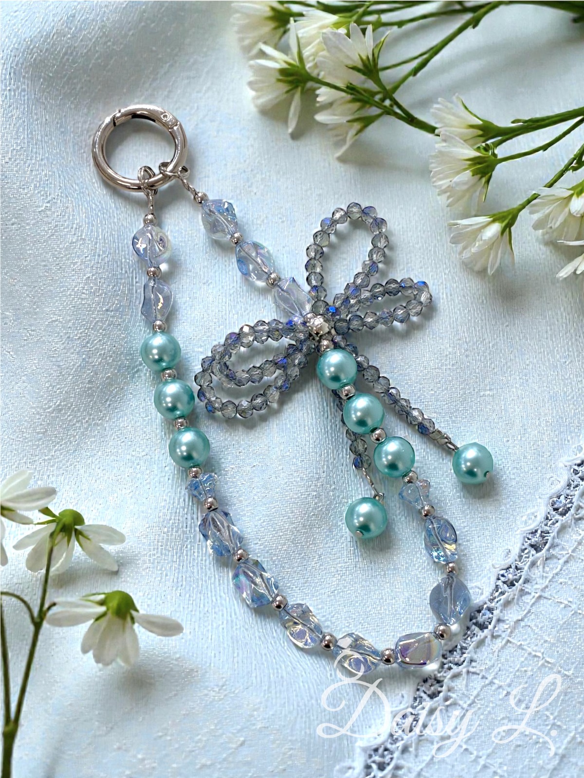 藍色夢幻蝴蝶結水晶手機掛繩