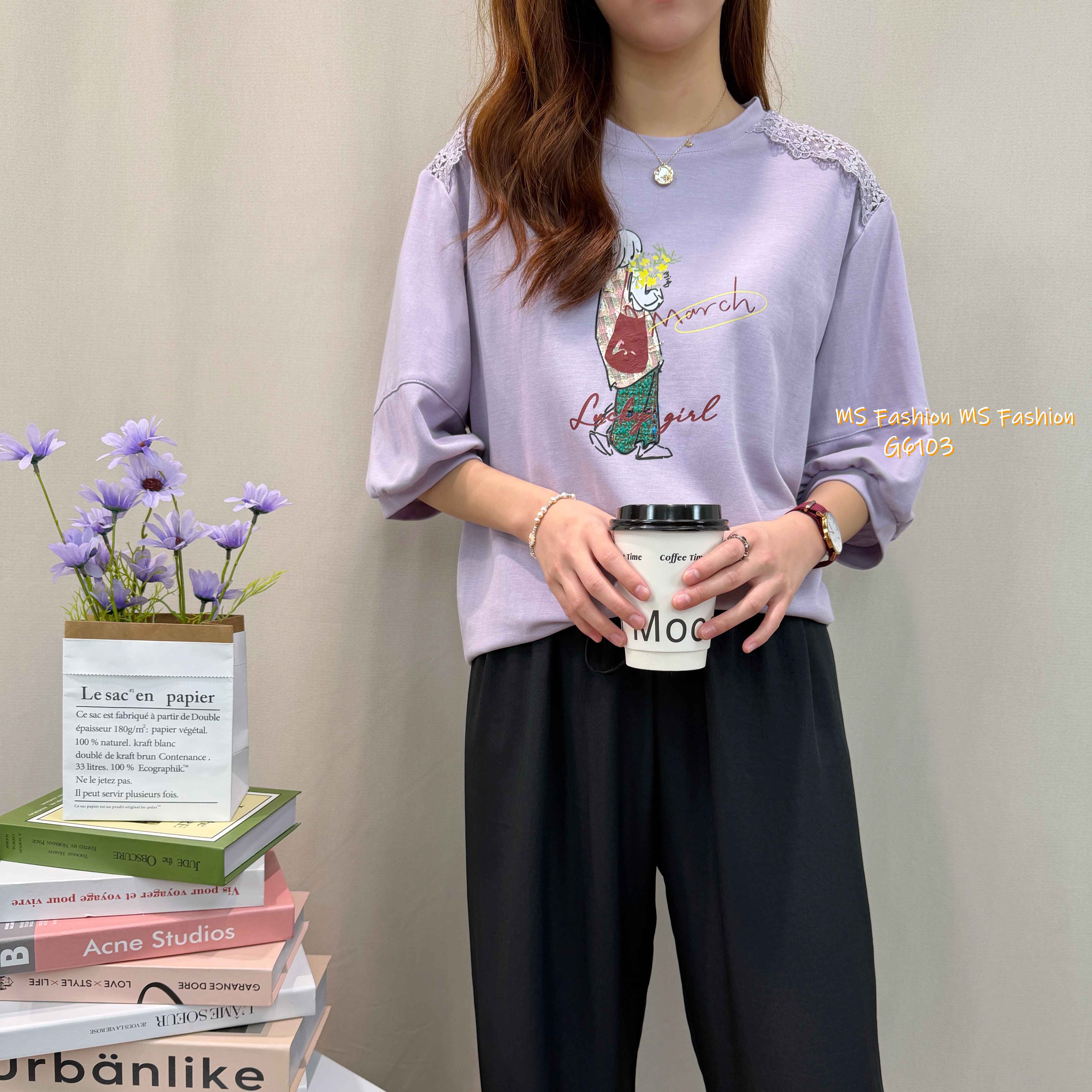 G6103 韓國🇰🇷靚print肩通花top