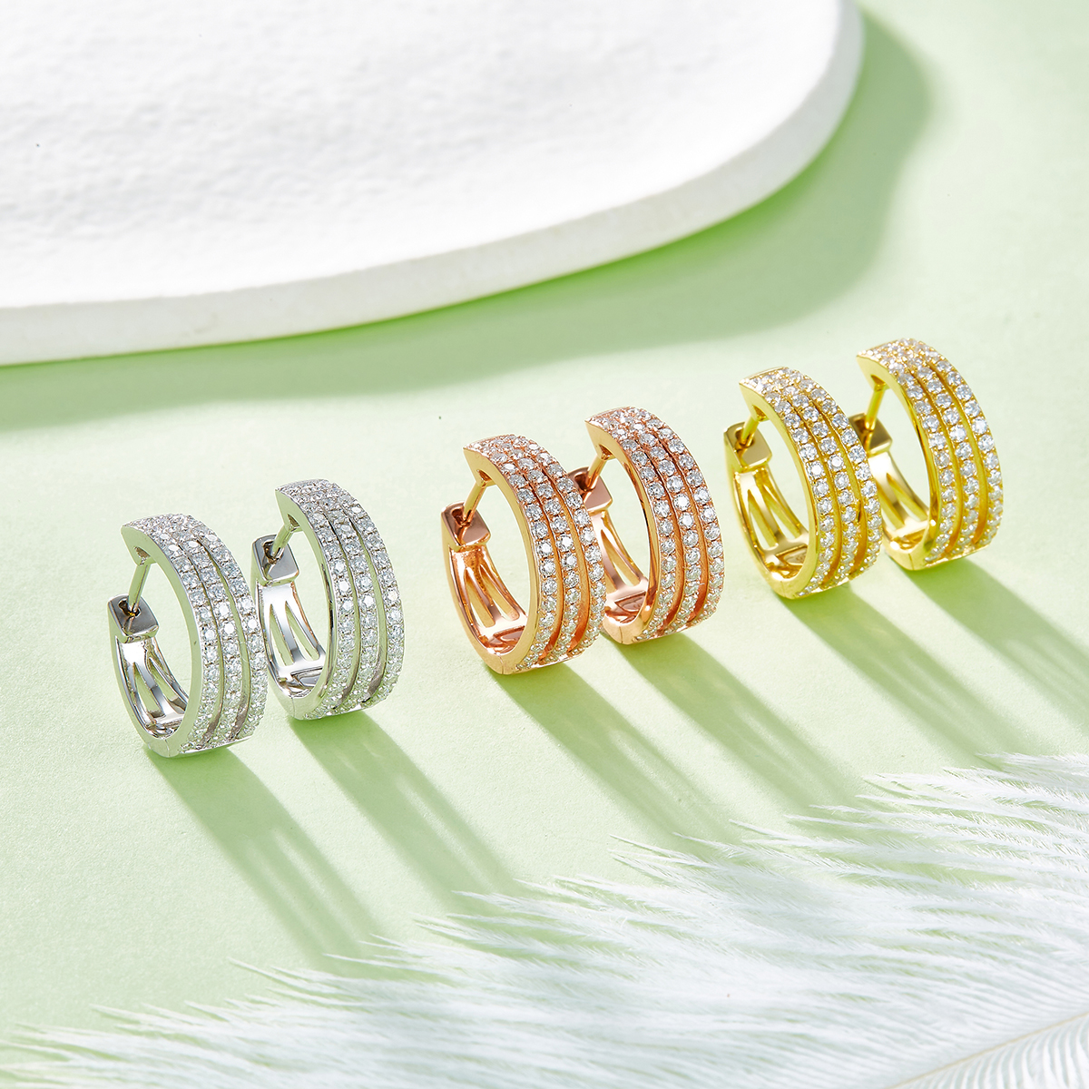 三排對半耳環S925銀電鍍白金莫桑鑽D級0.82CT