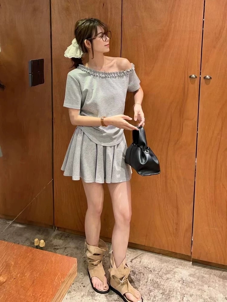 韩系花边一字肩短袖套装｜CN063080GREY