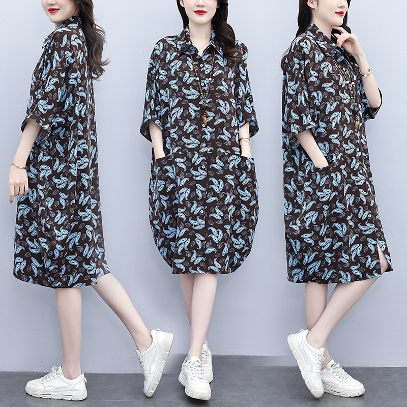 B170(2555) 韩版洋气艺术蓝叶翻领咖衬衫连身裙