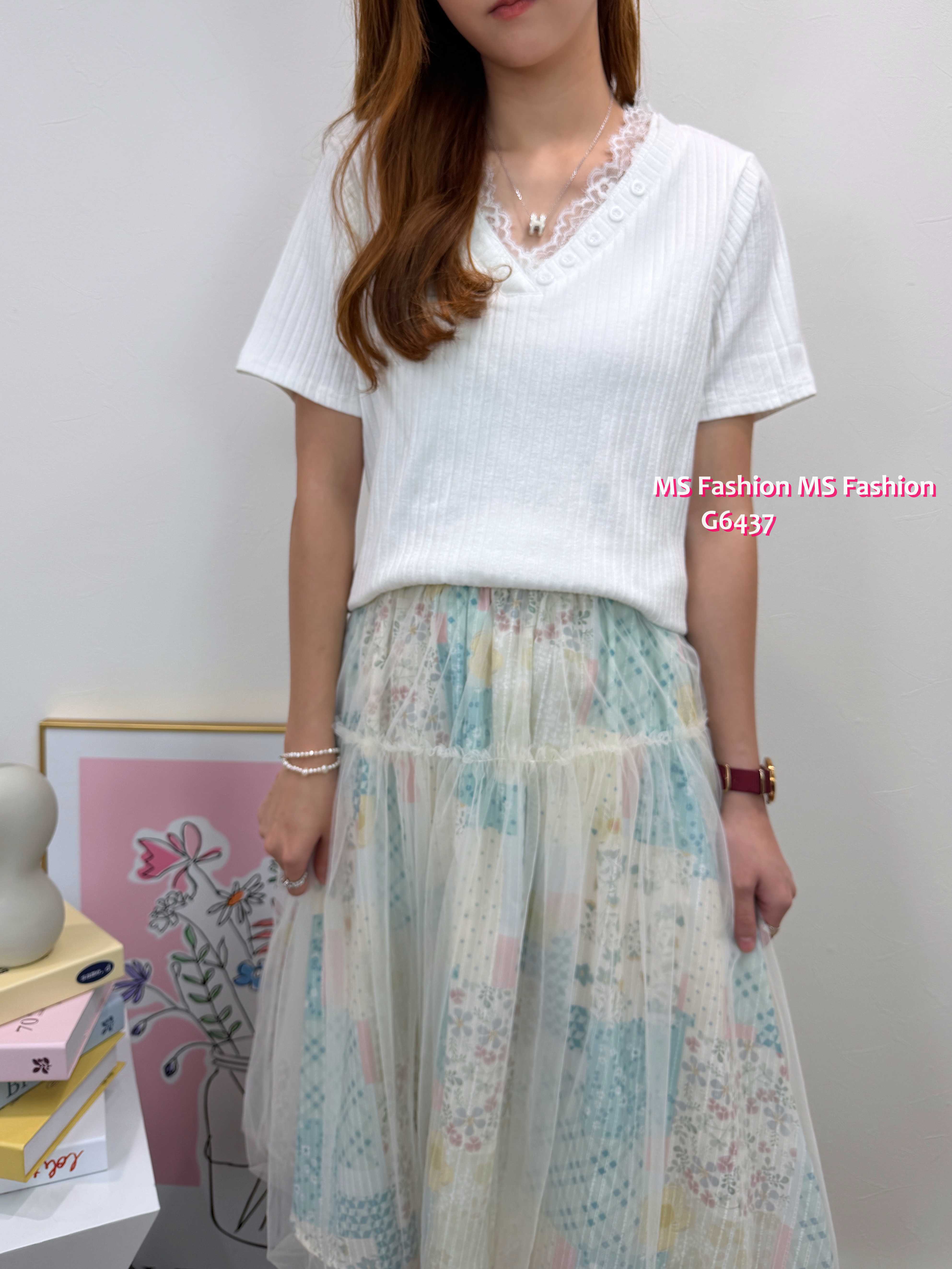 G6437 V領lace暗直紋top