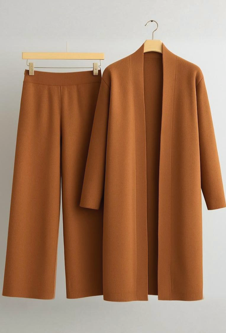 Long Knitted Open Front Cardigan and Sleek Pants