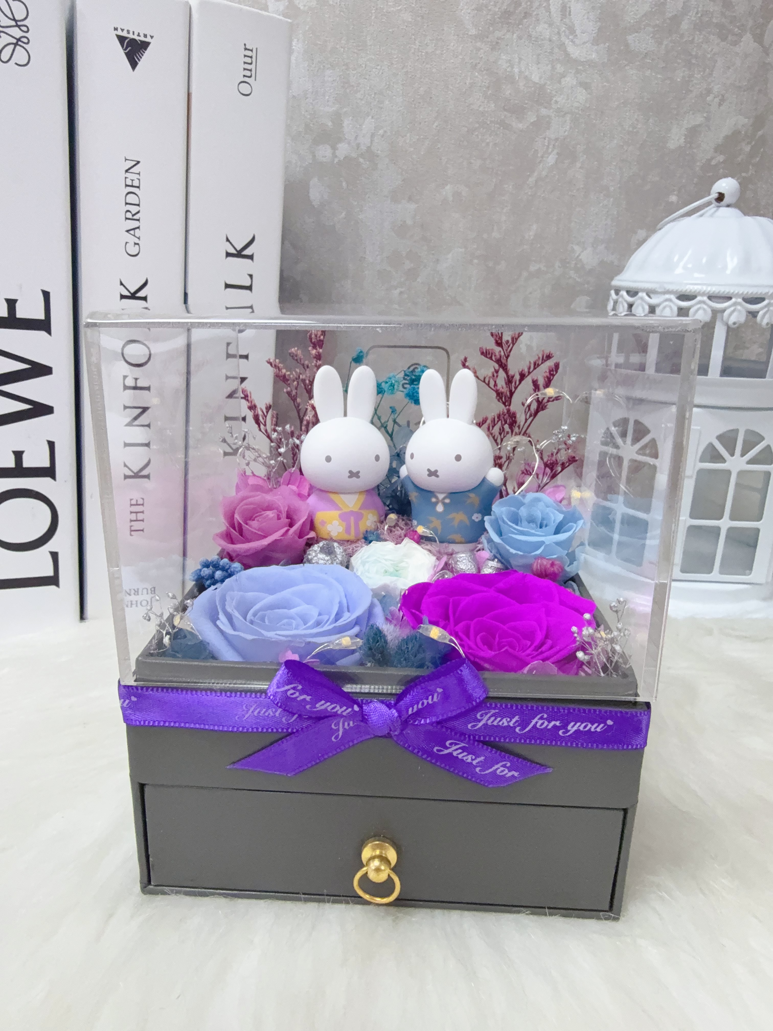 Miffy兔永生花藍紫玫瑰飾物盒