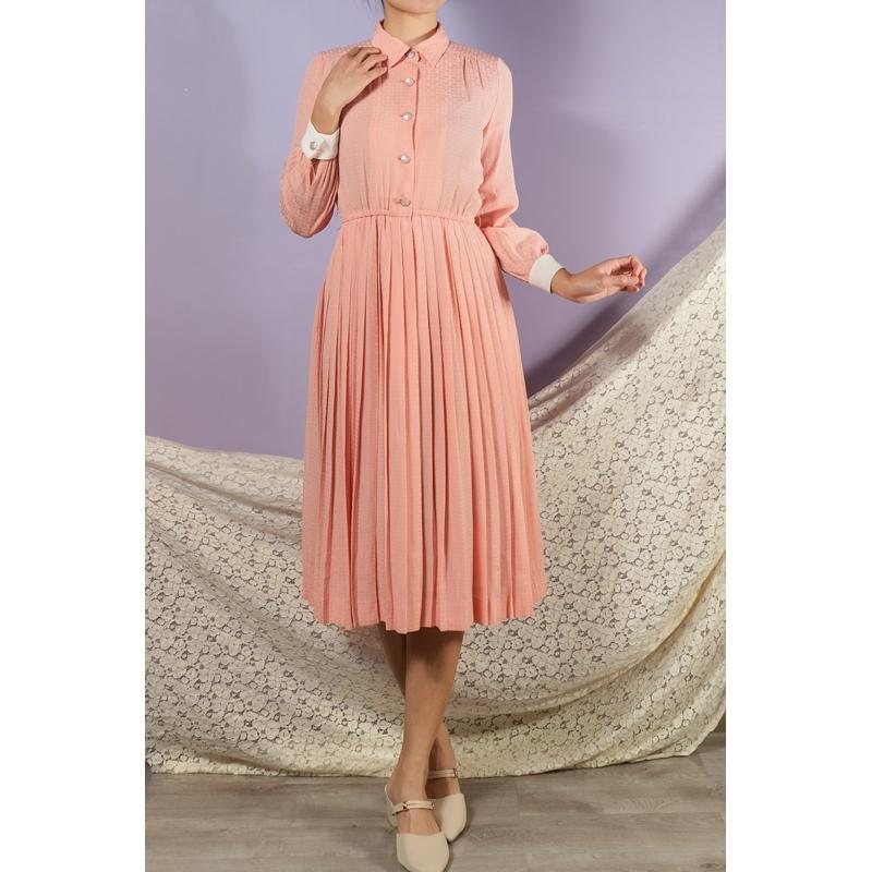 Vintage C.a. 1970-80s U Pattern Salmon Pink Shirtdress with White Cuff Day Dress(MT1608-132)