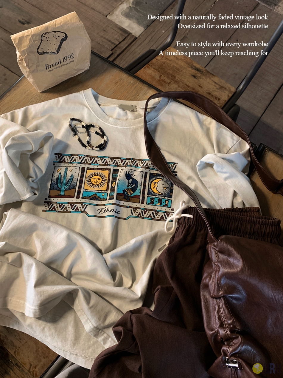 【100%保證韓國直送】Ethnic Graphic Pigment Washing 復古民族圖騰落肩Oversize短袖Tee 👕 [3 color] RL115176