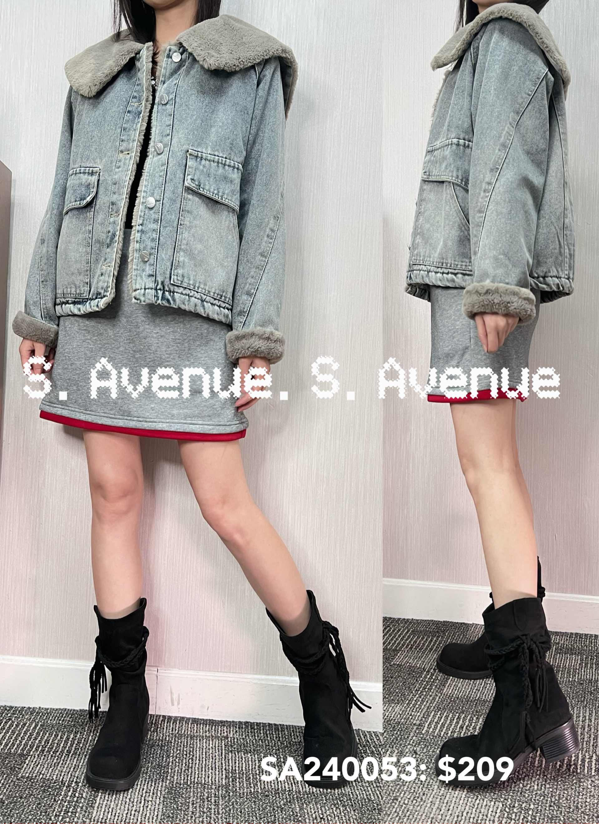 SA240053: 長袖斗逢領毛毛里洗水牛仔褸